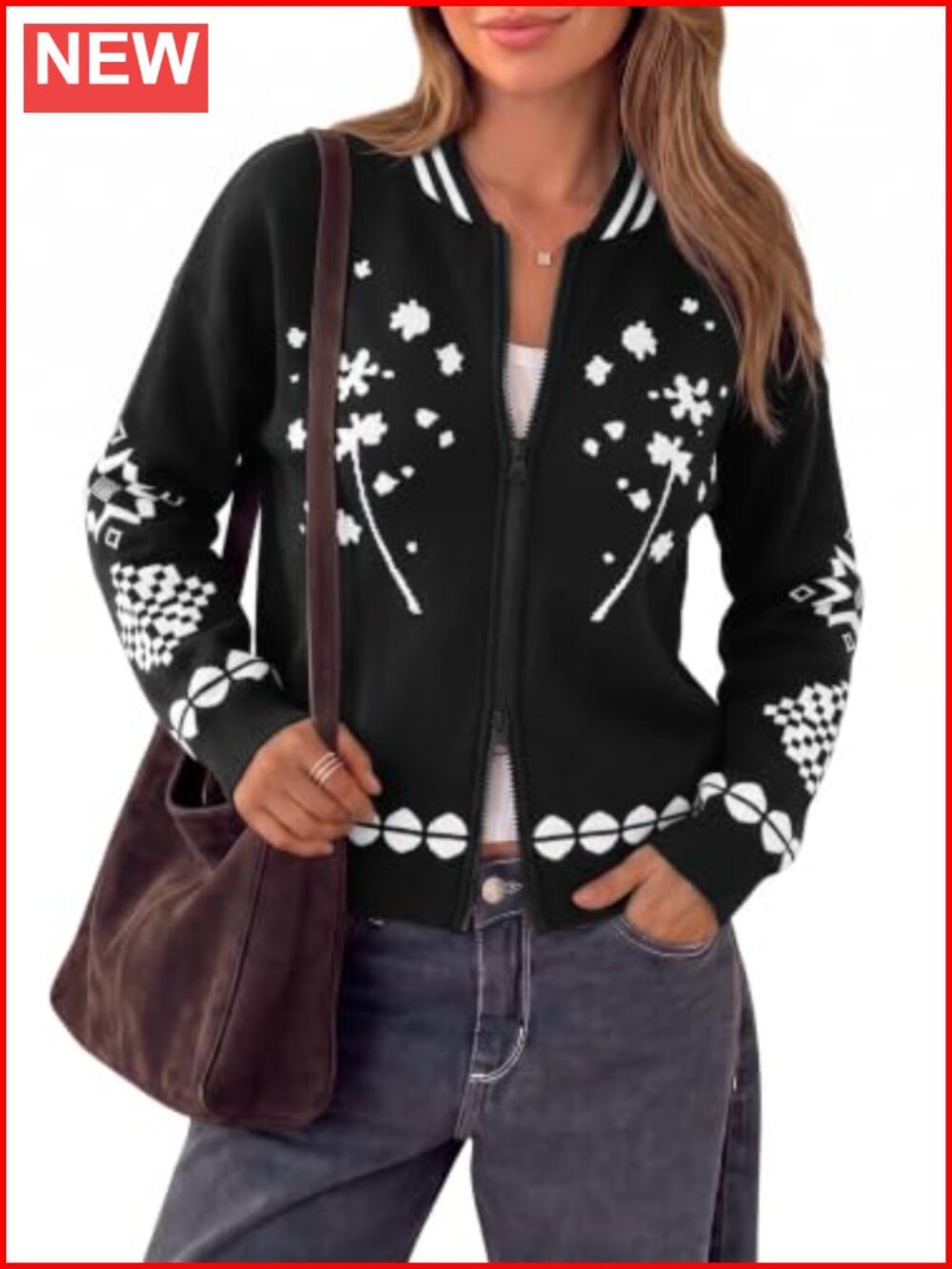 ECOWISH Women's Floral Zip-Up Cardigan Crewneck Knit Sweater Jacket